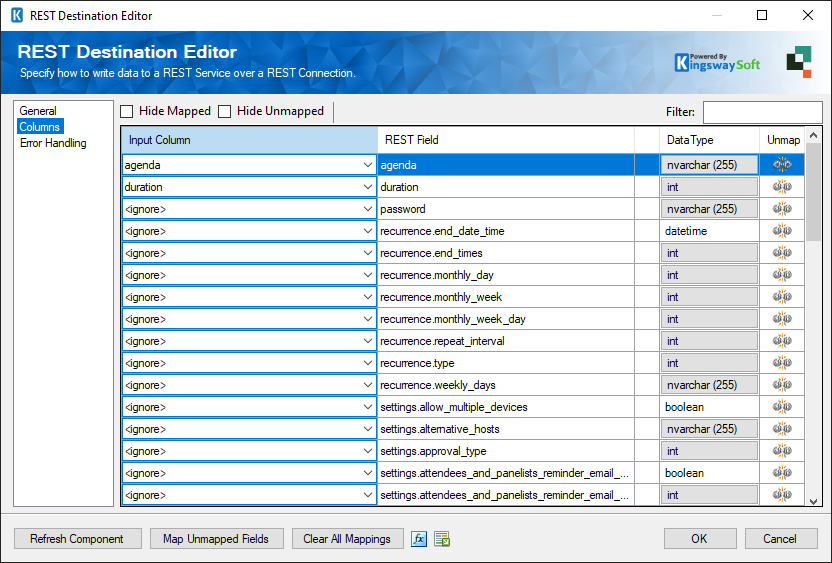 Quickbase Destination component - Columns